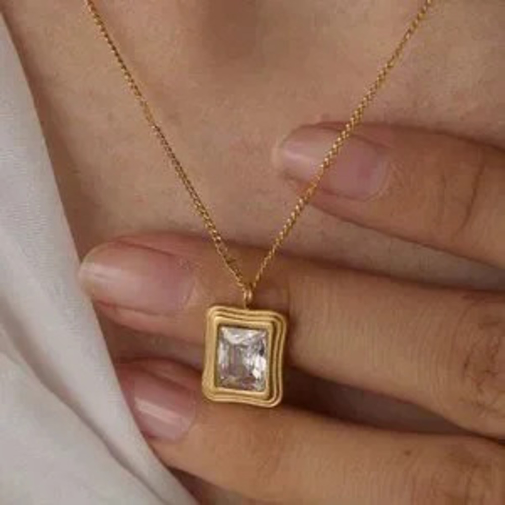 ^NEW 18K Gold Plated Emerald Cut Diamond Square Pendant Necklace